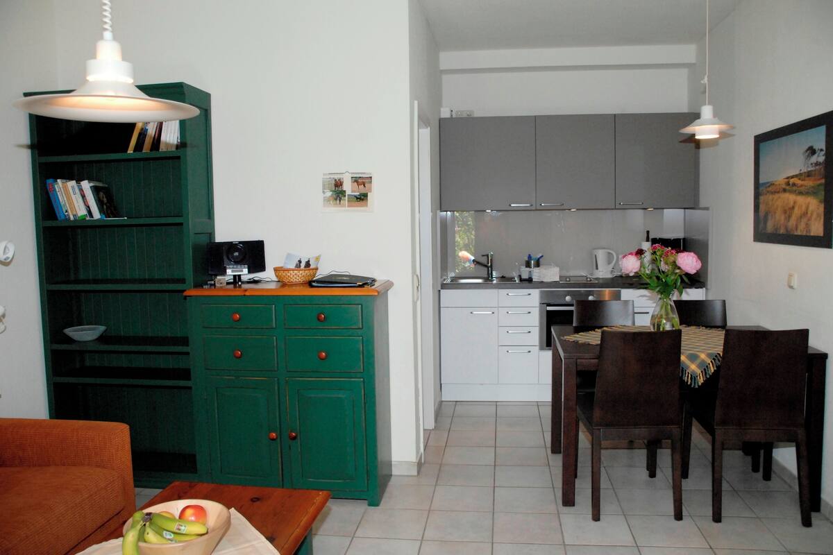 Uma cozinha compacta com armários brancos, uma área de refeições com mesa e cadeiras, e uma estante verde.