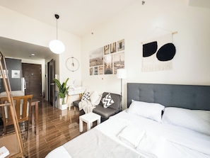 Junior Apartment, 1 Queen Bed with Sofa bed, Balcony, Pool View | 1 bedroom, individually decorated, individually furnished, desk
