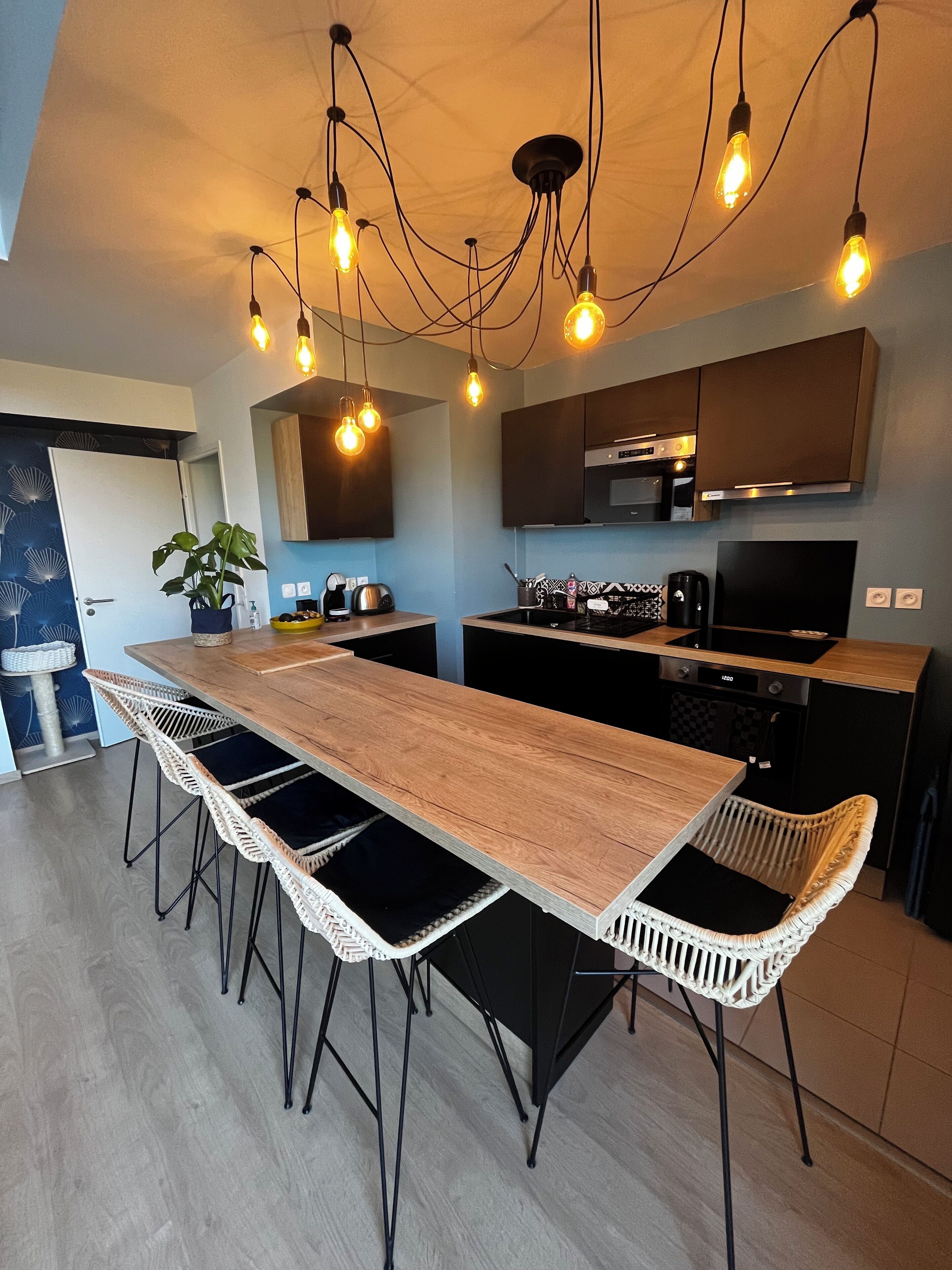 Een microgolfoven, een oven, een kookplaat, een vaatwasser