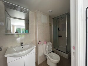 Signature suite | Badkamer | Een douche, een haardroger, handdoeken, zeep