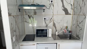 A compact kitchen with a built-in microwave, a small sink, and a dishwasher. - Koalawakeup (Vitry-sur-Seine)