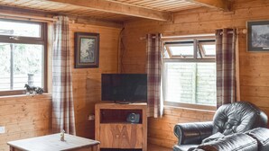 Un interior de madera con un sofá de cuero, un televisor sobre un mueble de madera y una mesita.