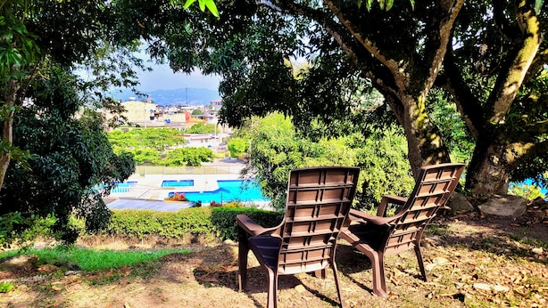 Une vue d’un espace piscine avec deux chaises sous un arbre, entouré d’une végétation luxuriante et offrant une vue lointaine sur des bâtiments.