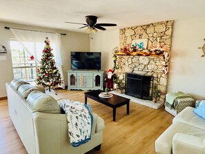 Smart TV, fireplace, foosball