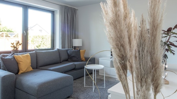 Ein modernes Wohnzimmer mit einem grauen Ecksofa, einem kleinen runden Tisch und hohen Federgrasbüschen.