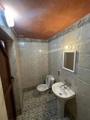 Sèche-cheveux, serviettes fournies, shampoing, papier toilette