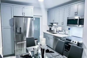 Microwave, dishwasher, cookware/dishes/utensils