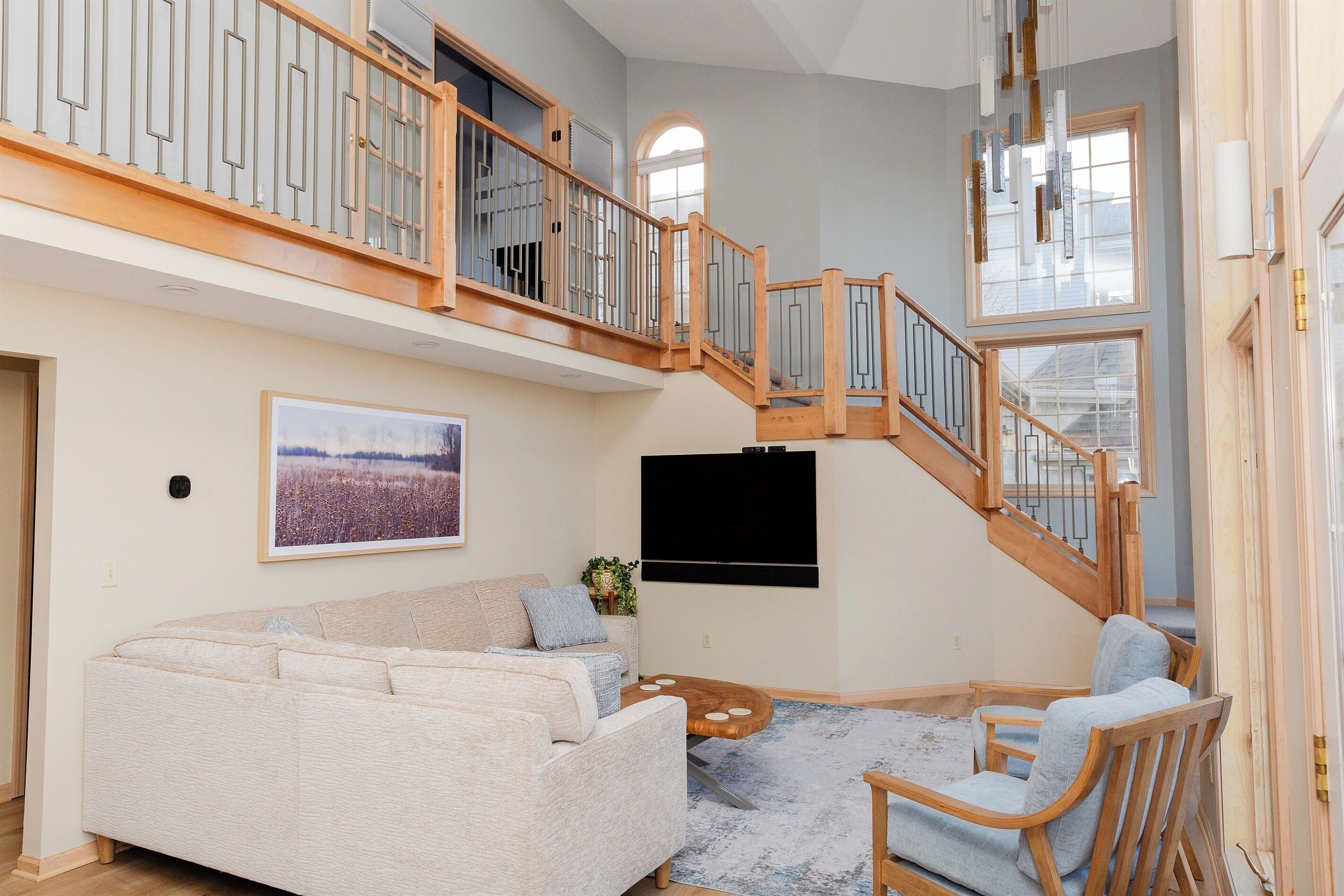 Smart TV, fireplace, books, offices