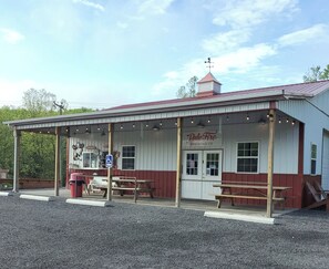 Outdoor dining - Pet-Friendly Shenandoah Valley Cabin w/ Hot Tub, Pool & Lake Access, Near Bryce (Basye)