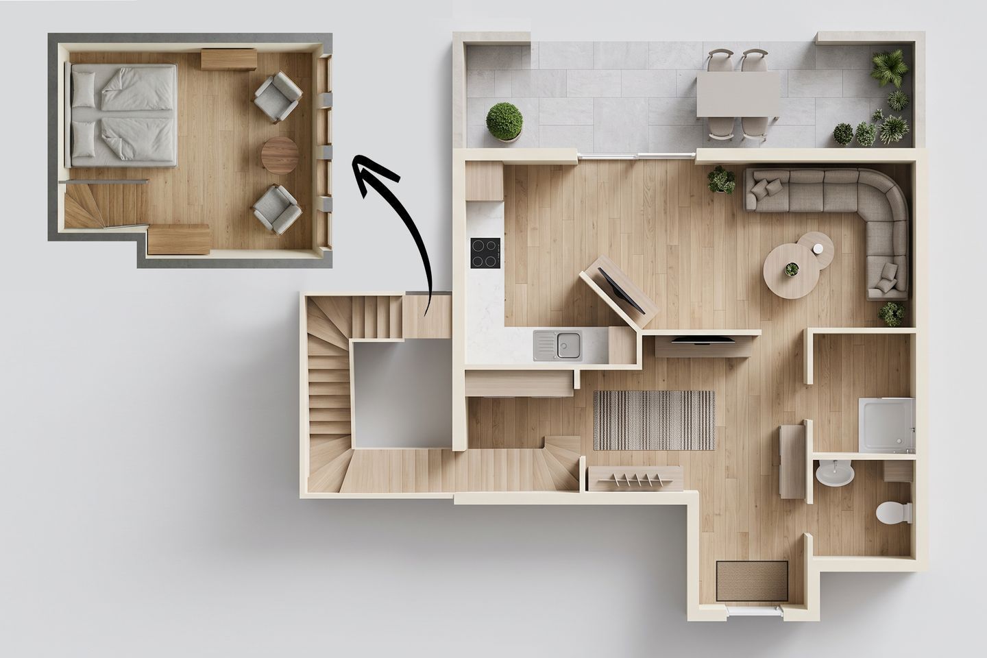 Een modern appartement met een woonkamer, keuken, eethoek en een klein balkon.