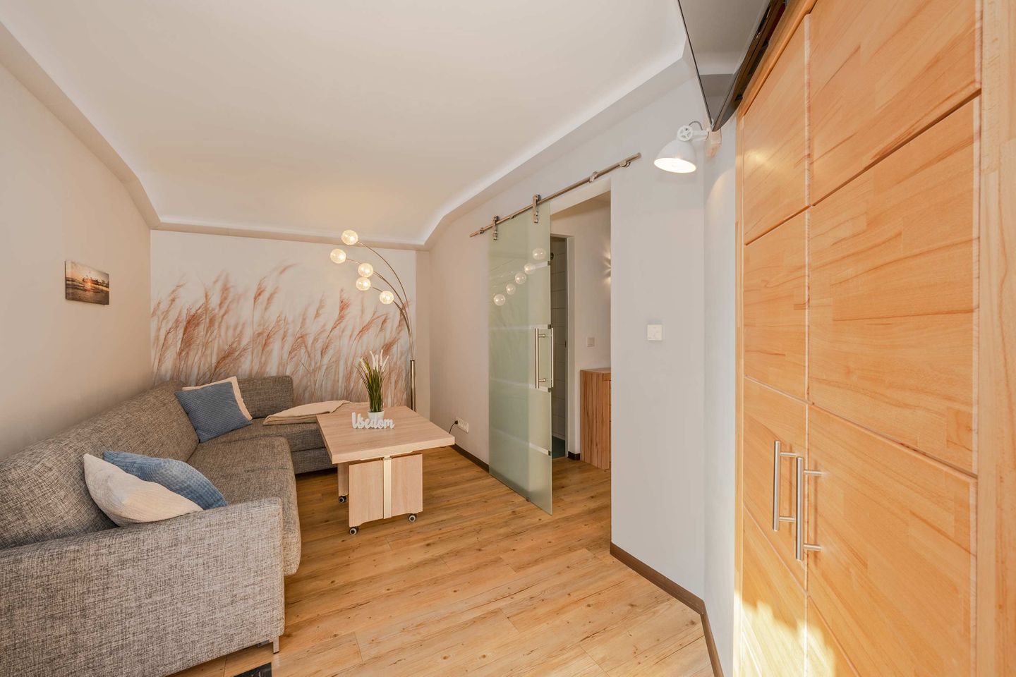 Un salon moderne avec un canapé, une table basse et un meuble.