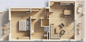 Un plan d’étage d’une chambre d’hôtel comprenant un espace de vie, un coin repas séparé, une kitchenette et une salle de bain.