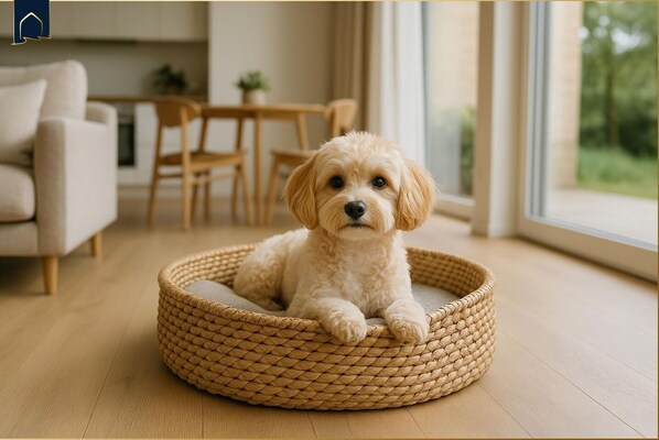 A small, fluffy dog in a woven basket bed in a modern living room with a wooden floor, a sofa, and a dining area in the background.