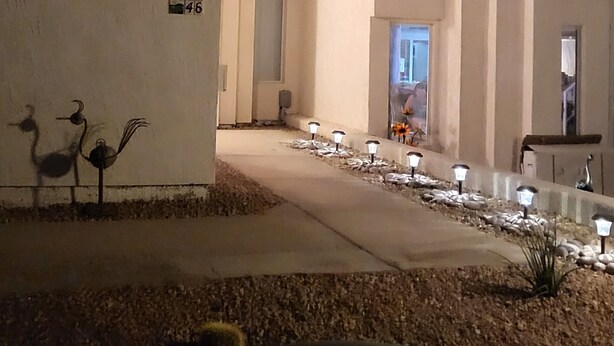 A building with a modern architectural design, featuring a central courtyard with a pathway lined with lights and decorative elements.