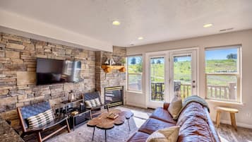 TV connectée, cheminée, livres