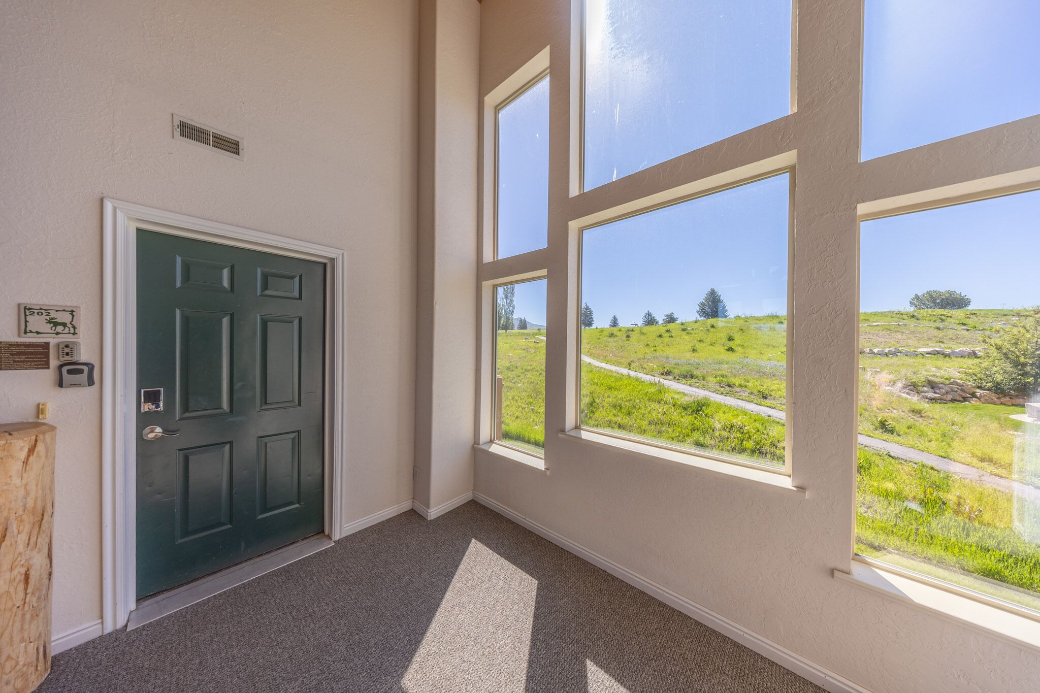 A room with a green door, large windows, and a view of a grassy landscape.
