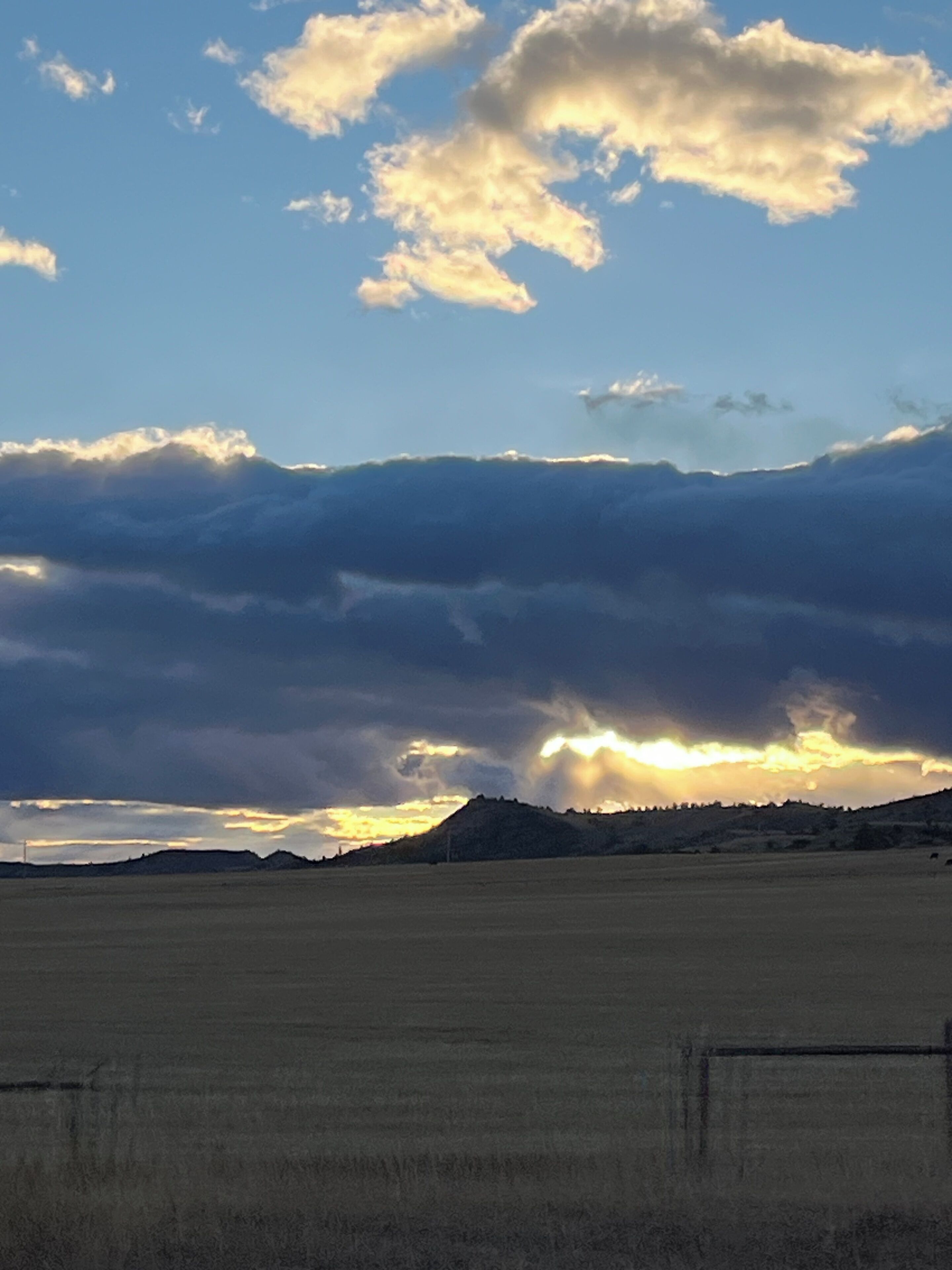 A wide-open field with a distant mountain range and a cloudy sky.