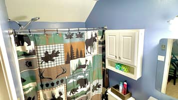 Hair dryer, towels, soap, shampoo