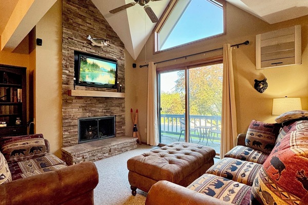 Smart TV, chimenea, libros y estéreo