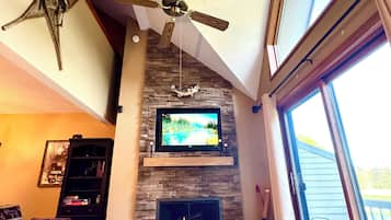 Smart TV, fireplace, books, stereo