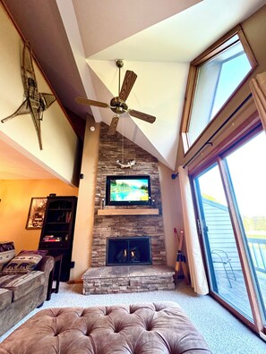 Smart TV, chimenea, libros y estéreo 