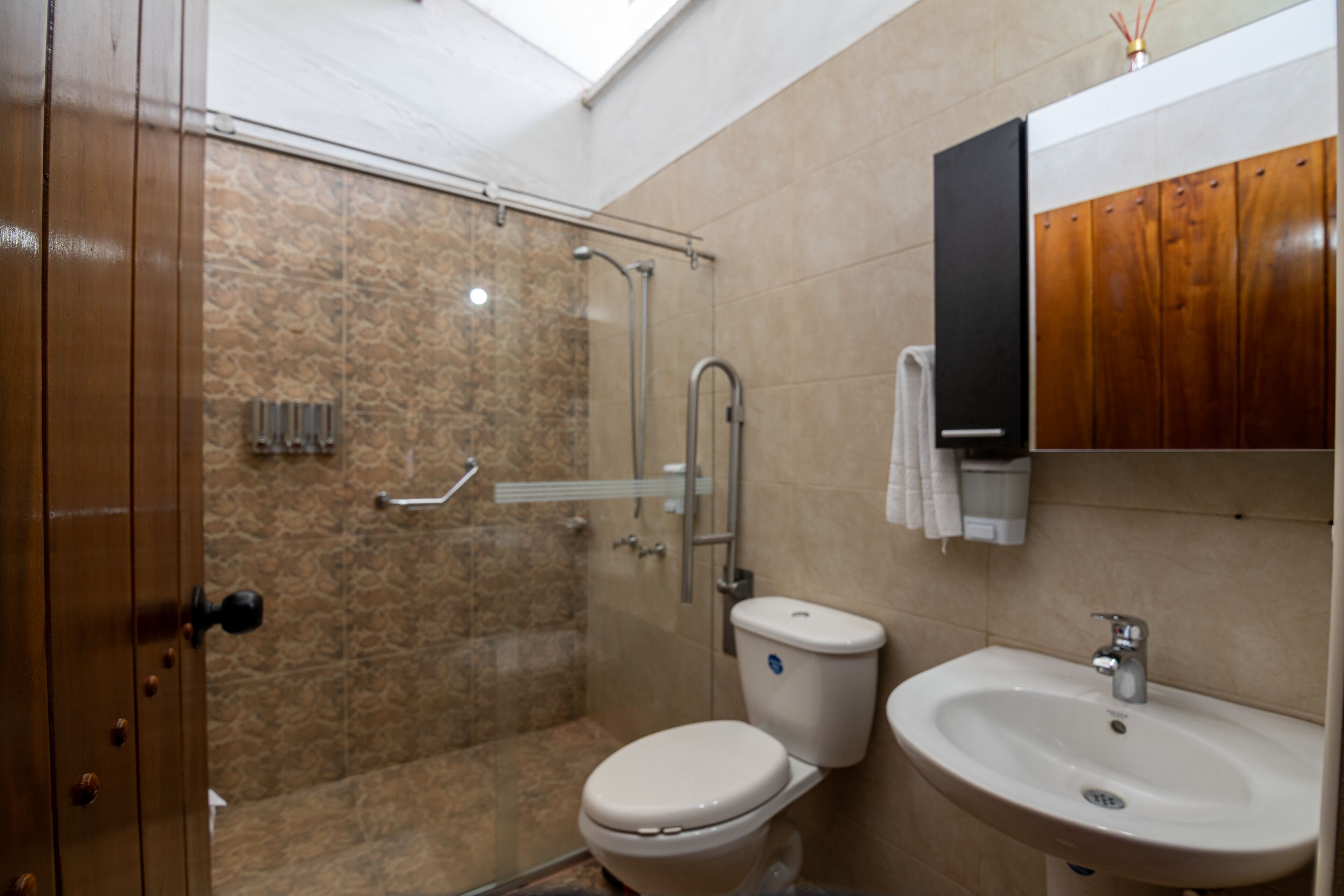 A bathroom with a shower, toilet, sink, and wooden cabinets.