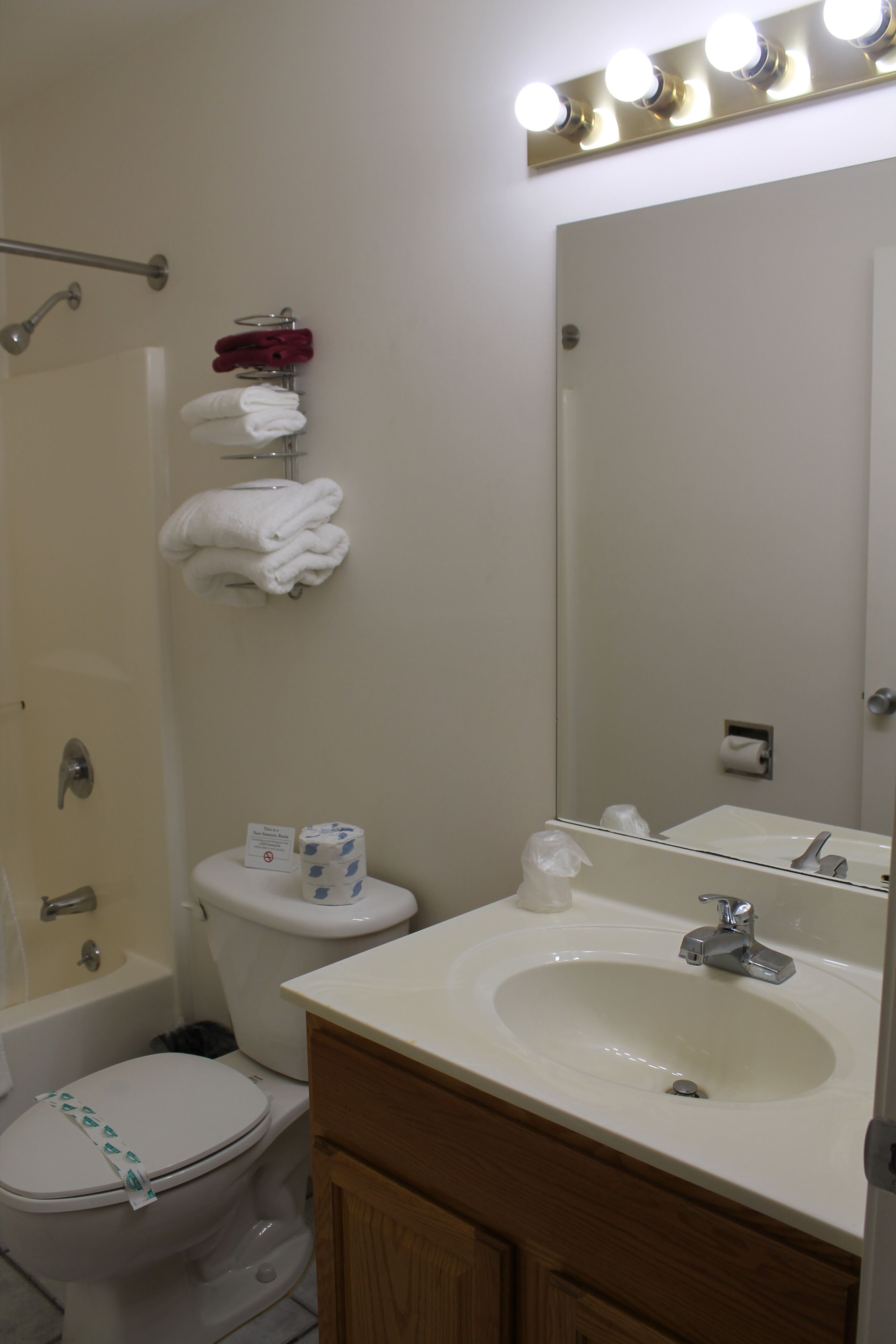 A bathroom with a sink, mirror, and towel rack.