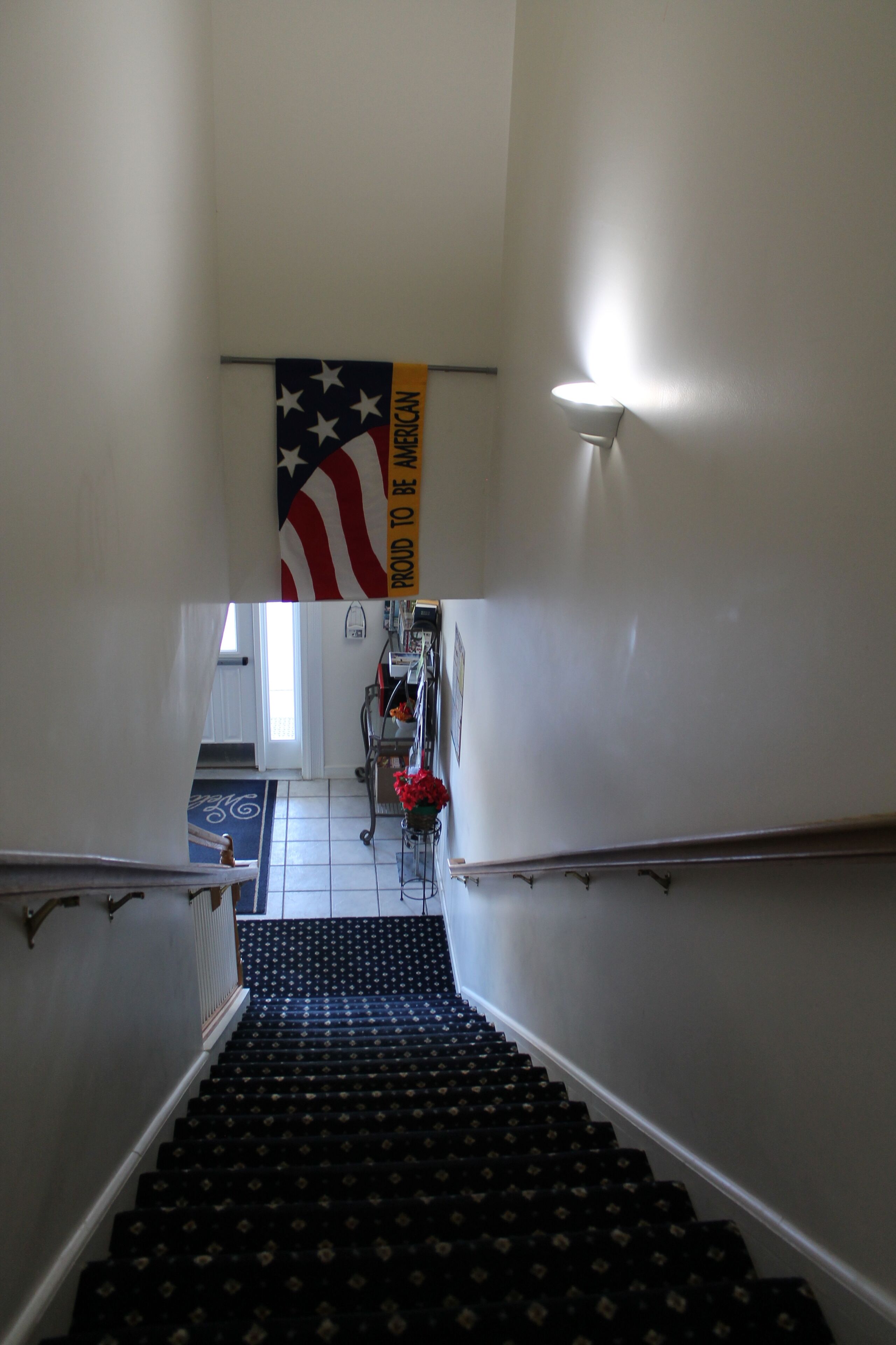 A staircase with a flag, a radiator, and a flower vase.