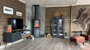 Un salon moderne avec un mur en pierre, un poêle à bois noir, un téléviseur, un meuble contenant de la verrerie et une peau d’animal fixée au mur.