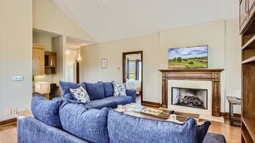 Televisión, chimenea, libros, oficina