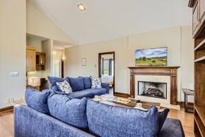 TV, fireplace, books, offices