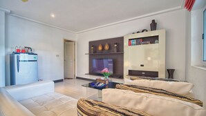 A modern living room with a sofa, a coffee table, a TV, and a refrigerator.