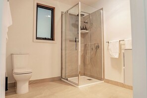 Une salle de bain moderne avec une douche à parois de verre, des toilettes et un porte-serviettes.