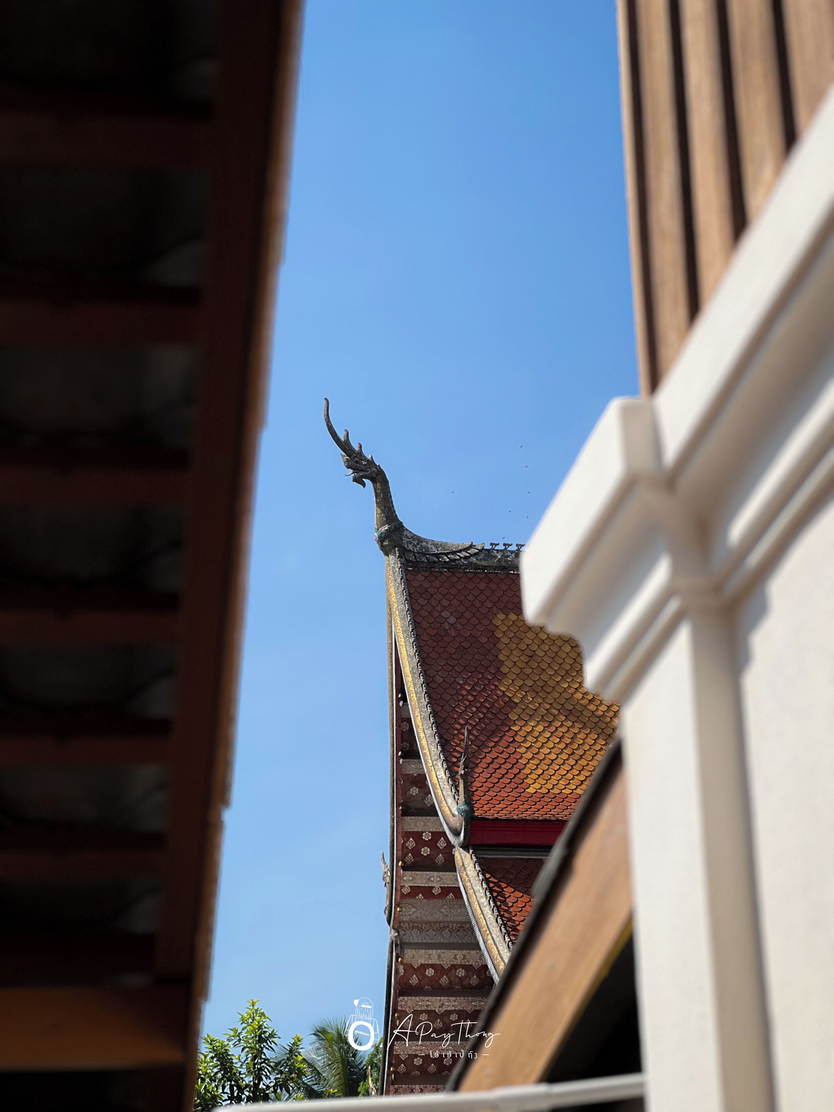 A traditional building with a pointed roof and ornate decorations.