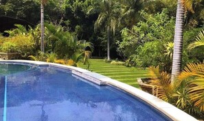 室外游泳池，池畔遮阳伞，日光浴躺椅