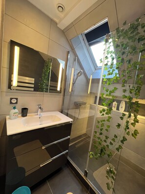 Shower, hair dryer, towels, soap