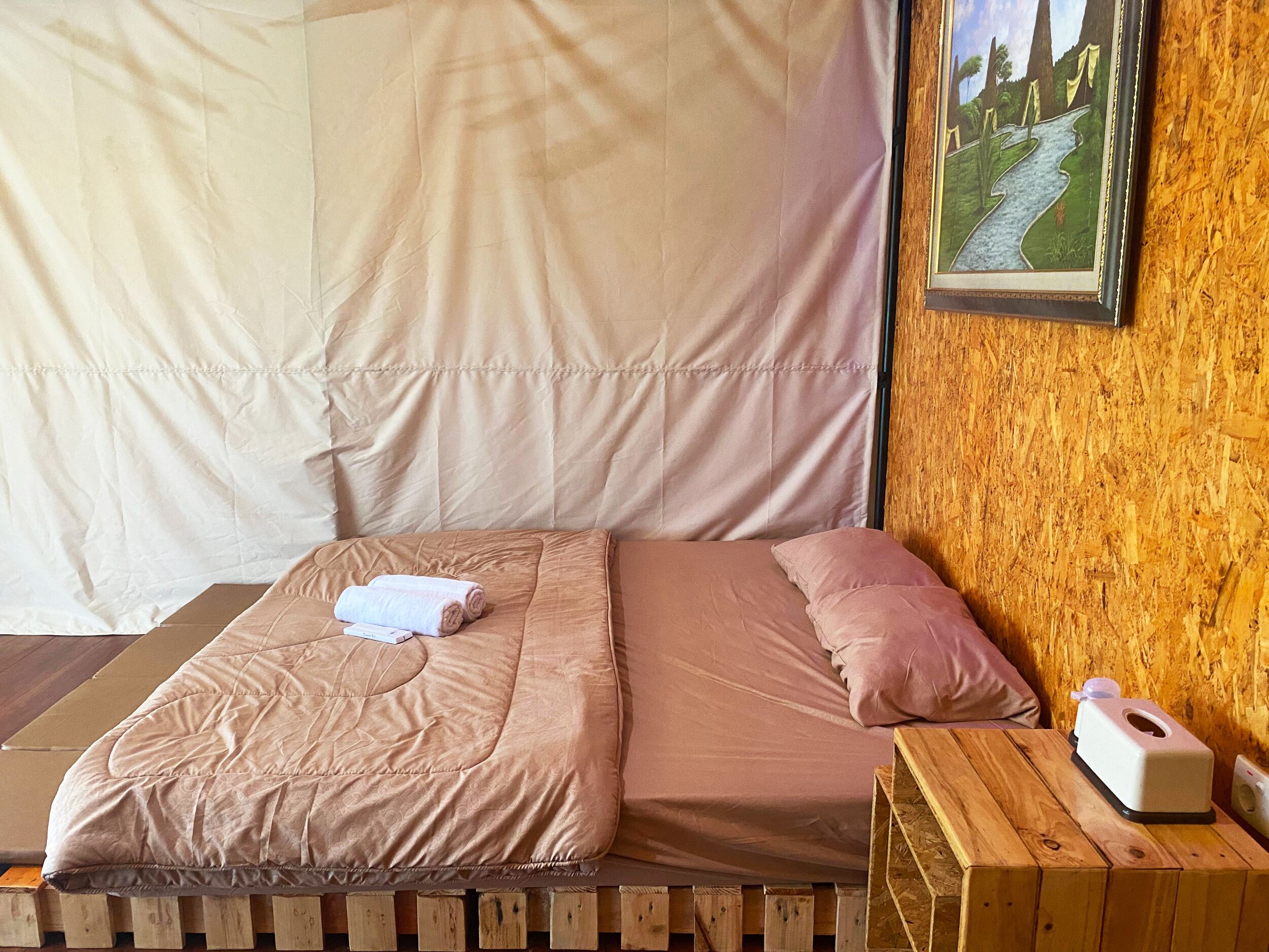 A bed with a beige blanket and pillows, a wooden nightstand with a tissue box, and a framed picture of a landscape on the wall.