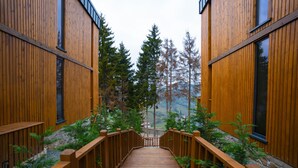 Un sendero de madera que lleva a un edificio con paneles de madera verticales y una vista de árboles al fondo.