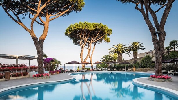 Un área de piscina con una piscina azul cristalina, rodeada de tumbonas y sombrillas, con árboles y flores.