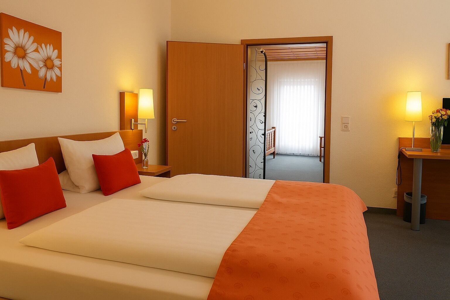 Una habitación de hotel con una cama, dos mesitas de noche, una lámpara, un jarrón con flores y un cuadro en la pared.
