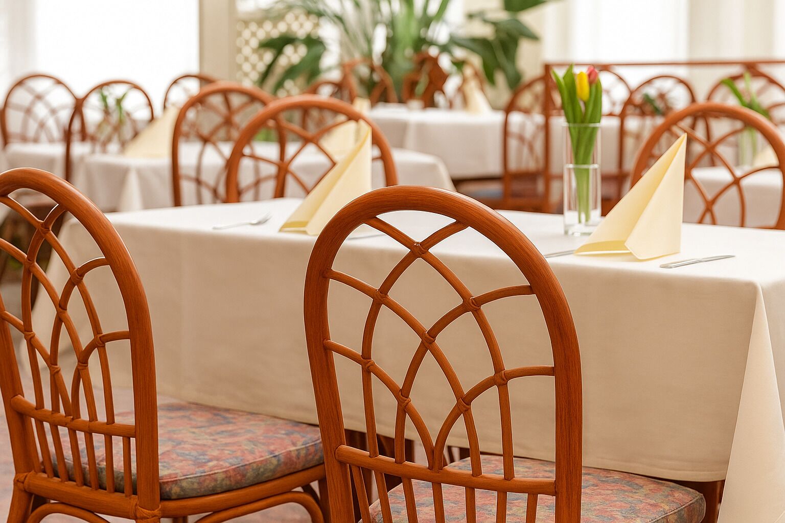 A dining area with wicker chairs and tables, each set with a napkin and a glass of water.
