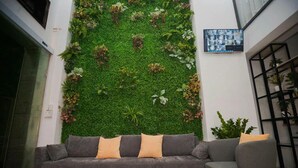 A modern living room with a grey sofa, a grey armchair, and a green vertical garden wall. - Green Hotel Apartment HN- by Bay Luxury (Hanoi)
