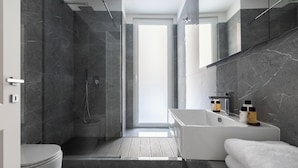 A modern bathroom with a shower, toilet, and bathtub. - Louly Trevi Fountain (Rome)