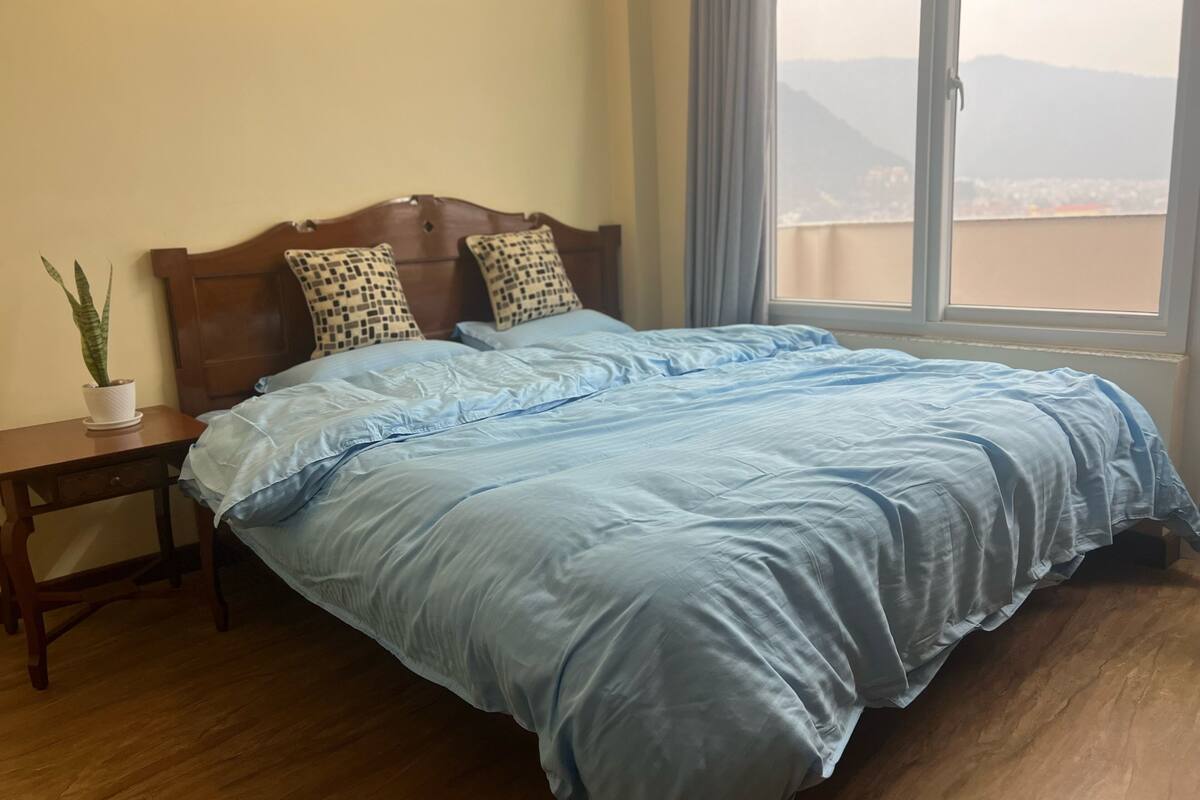 A bedroom with a large bed, a wooden nightstand with a potted plant, and a window with a view of mountains.