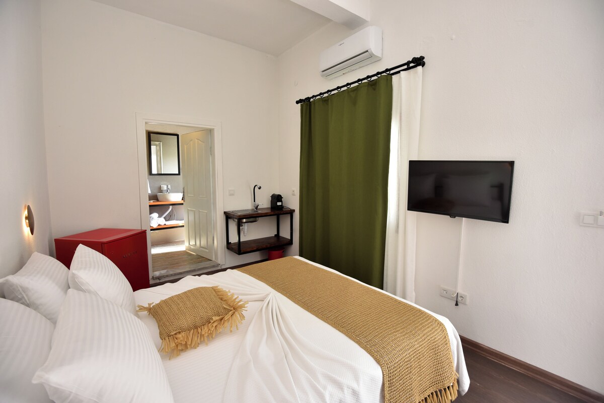 Una habitación de hotel con cama, televisión, un armario rojo, espejo y ventana con cortinas.