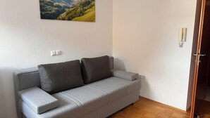 Ein graues Sofa mit zwei Kissen, ein Holzboden und eine Tür rechts.