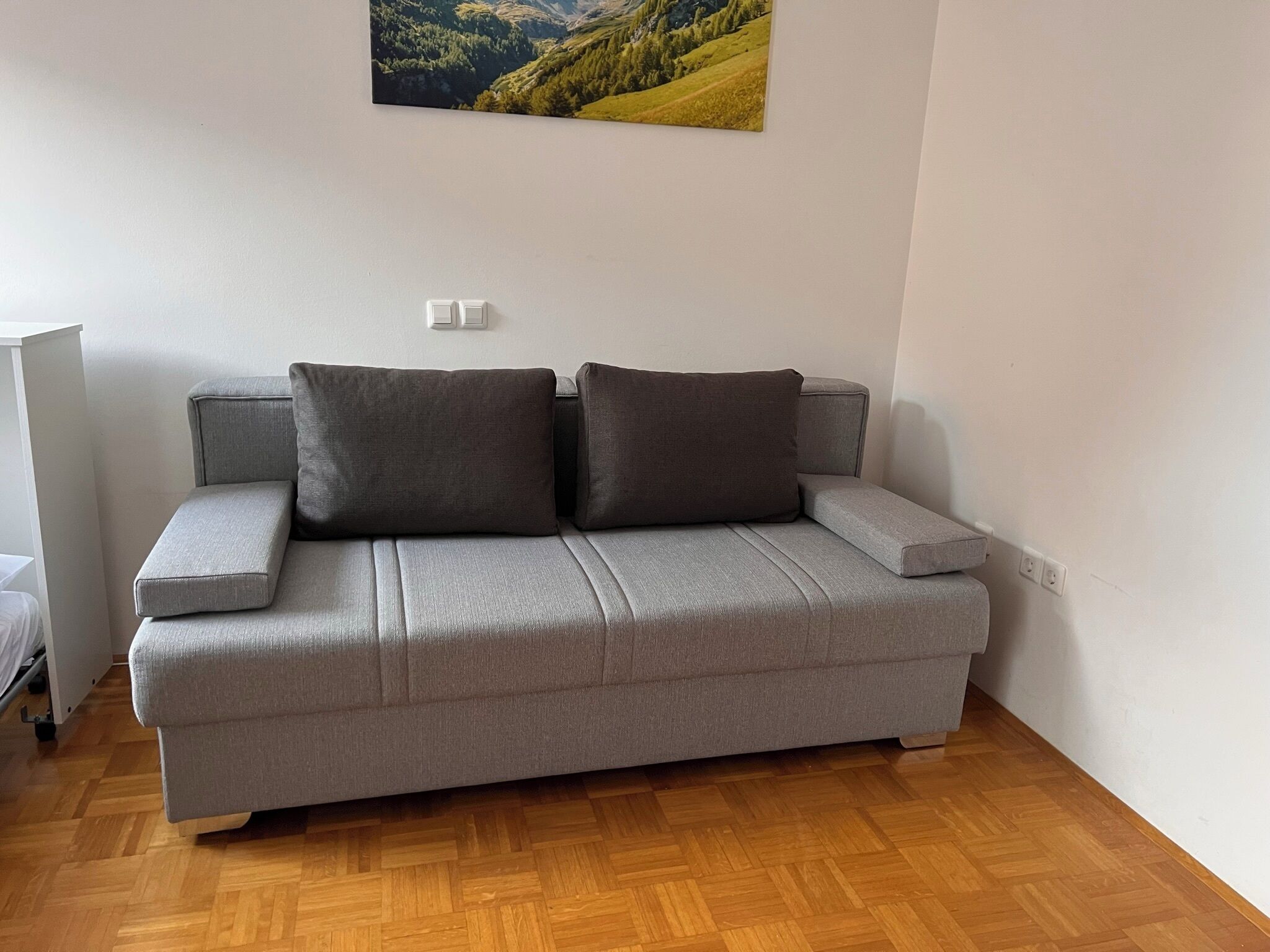 A grey sofa with two cushions in a room with wooden flooring and a painting on the wall.