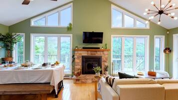 Télévision, cheminée, espaces bureaux