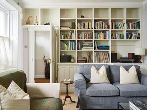 TV connectée, cheminée, livres, espaces bureaux