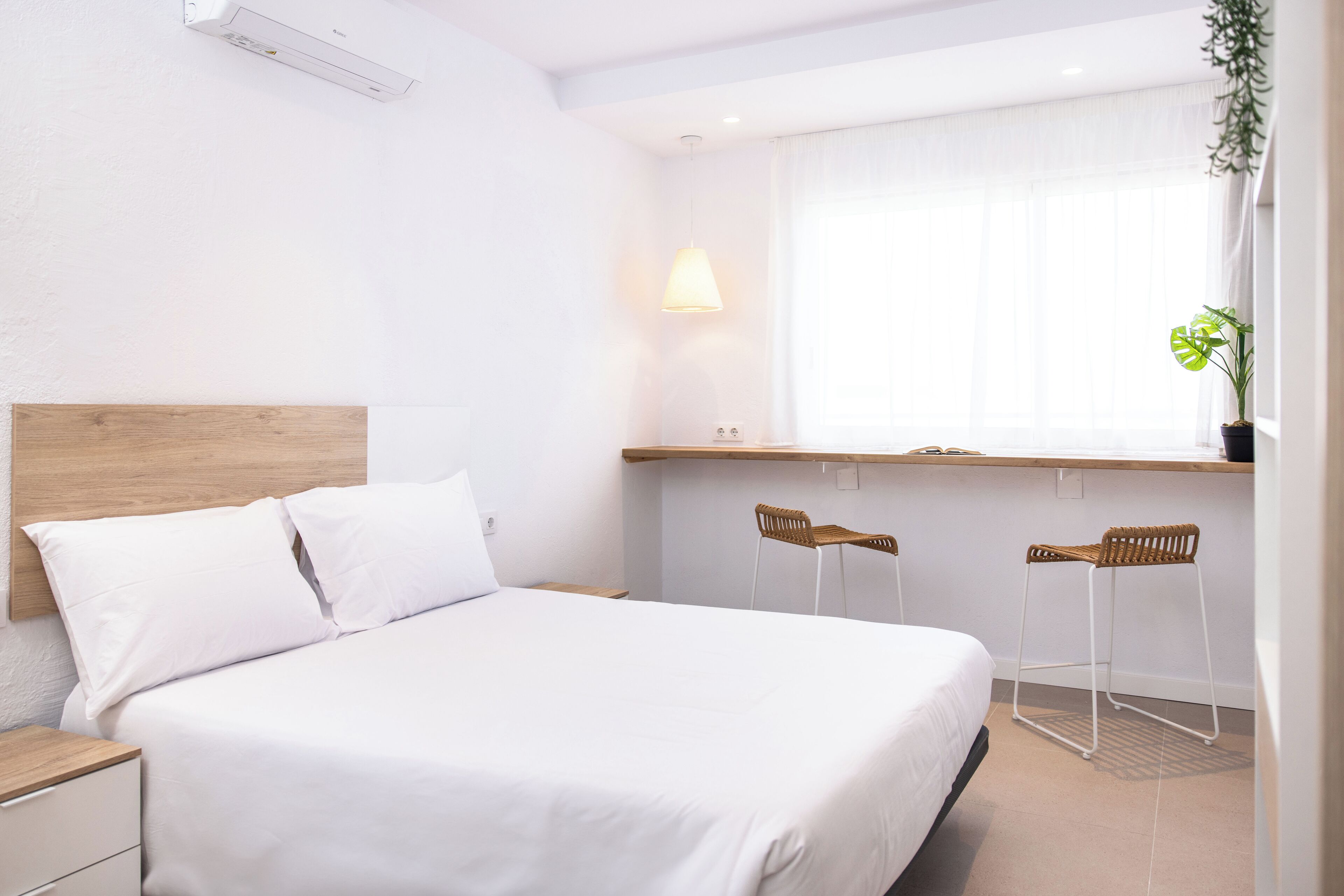 A neatly arranged hotel room with a bed, bedside tables, a window with curtains, and a potted plant.